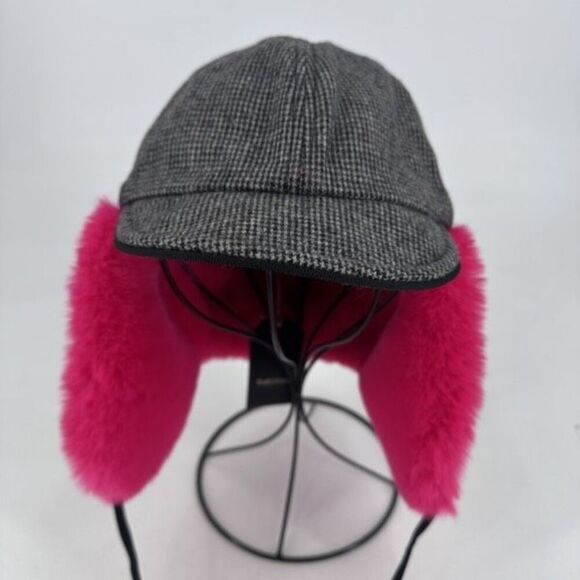 NWT Hat Attack Faux Fur Trapper Hat Bright Pink and Houndstooth Wool Blend - Picture 3 of 10